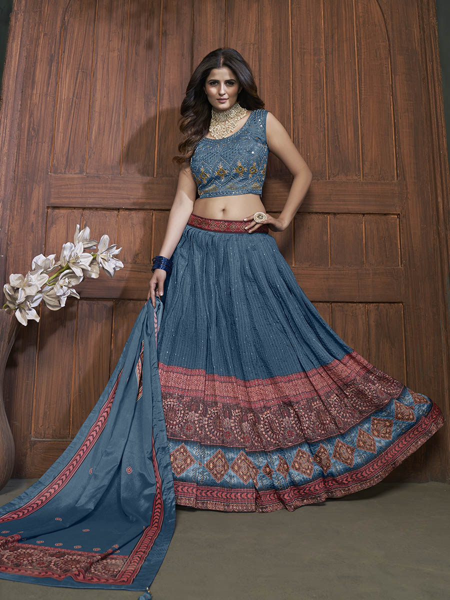 Aqua Blue Chinon Embroidered Designer Lehenga