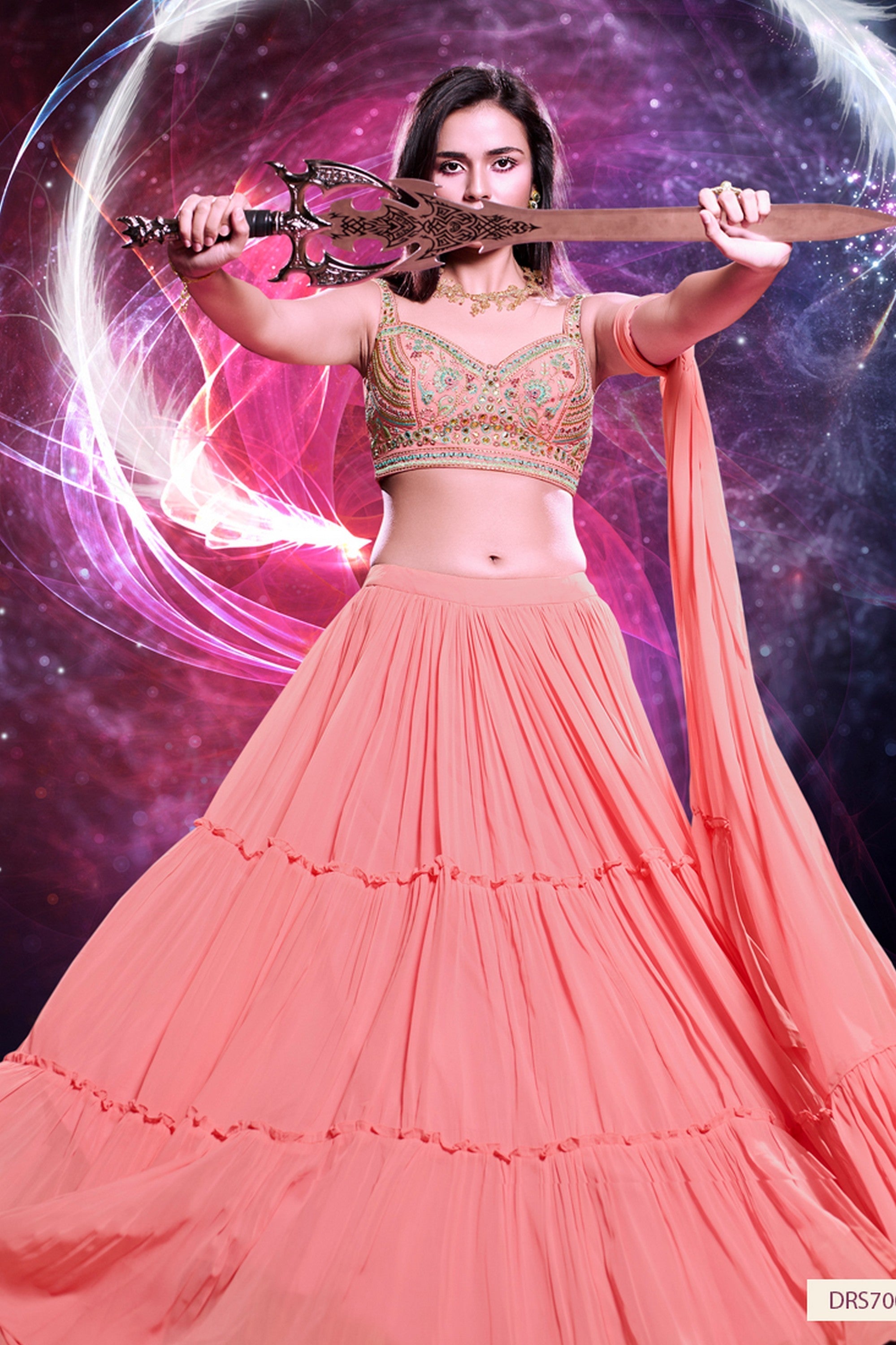Pink Georgette Ruffle Lehenga Choli For Indian Festivals & Weddings - Thread Embroidery Work, Handwork Work