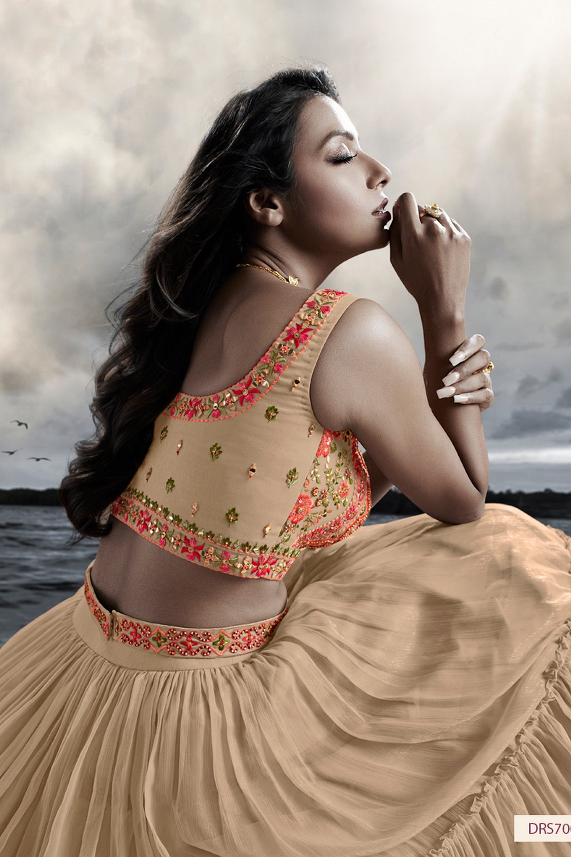 Beige Art Silk Ruffle Lehenga Choli For Indian Festivals & Weddings - Thread Embroidery Work, Handwork Work
