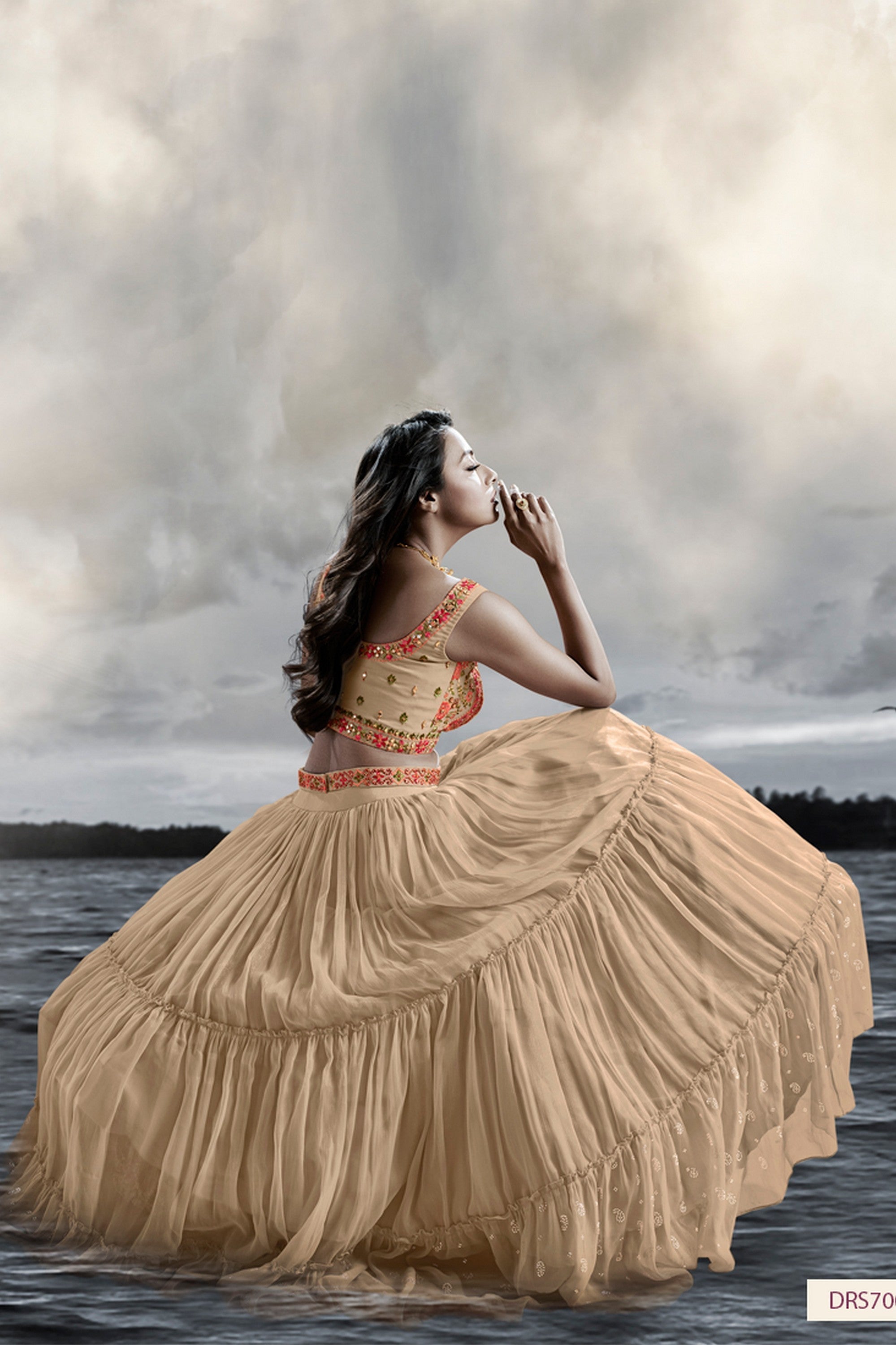 Beige Art Silk Ruffle Lehenga Choli For Indian Festivals & Weddings - Thread Embroidery Work, Handwork Work