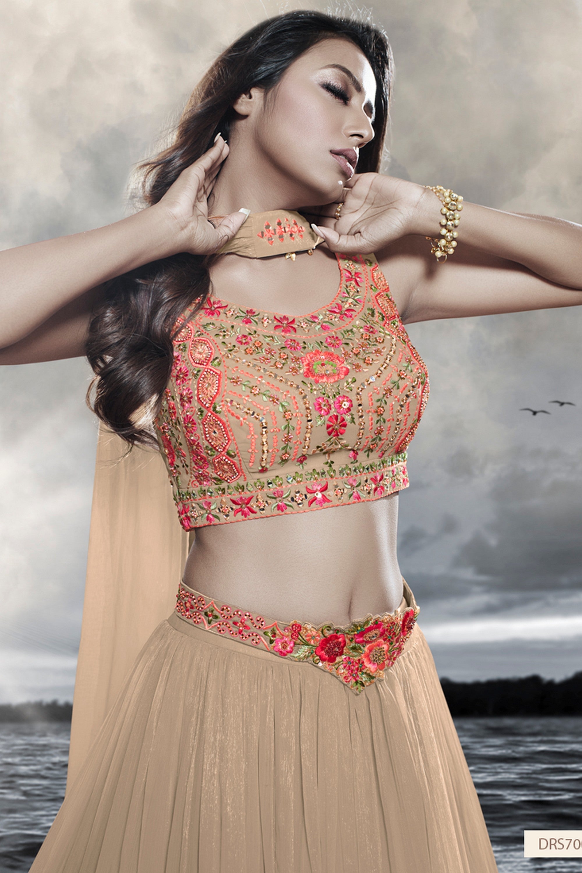 Beige Art Silk Ruffle Lehenga Choli For Indian Festivals & Weddings - Thread Embroidery Work, Handwork Work