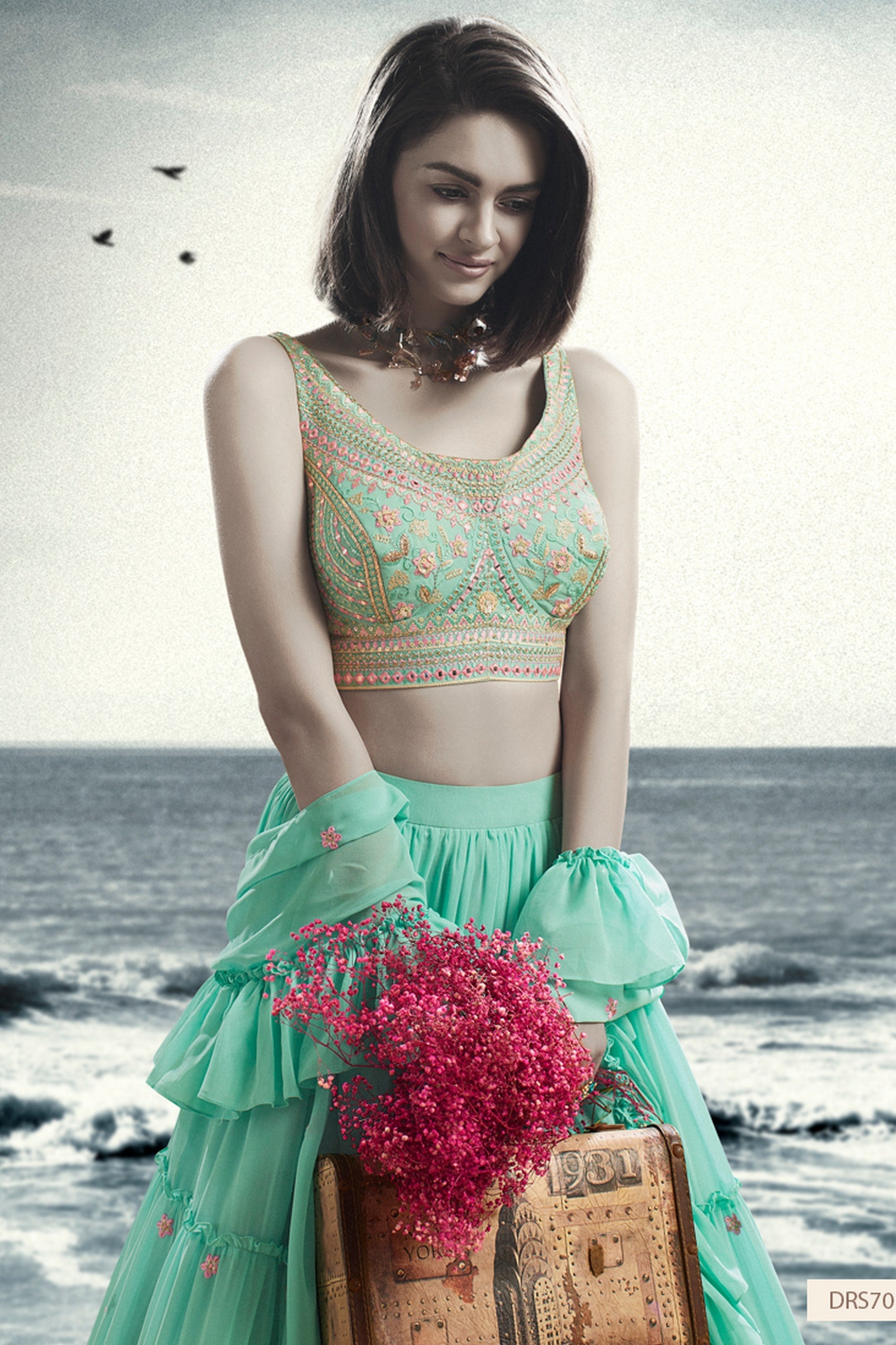 Blue Georgette Ruffle Lehenga Choli For Indian Festivals & Weddings - Thread Embroidery Work, Handwork Work