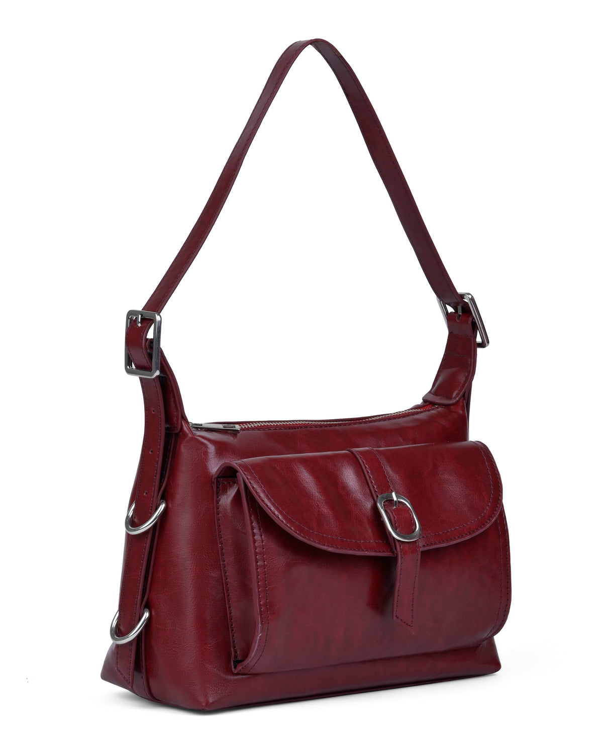 Buckle Closure Flap Detail Shoulder Bag in Cherry Red