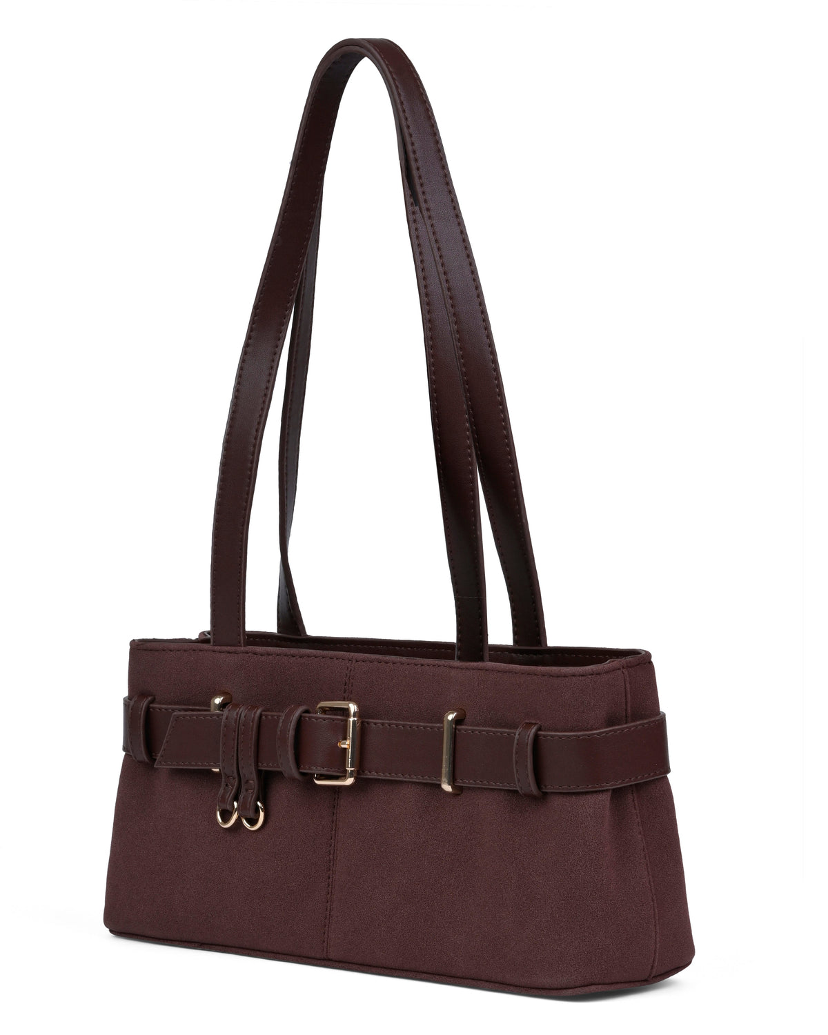Buckle Detail Structured Shoulder Bag in Coffee Brown