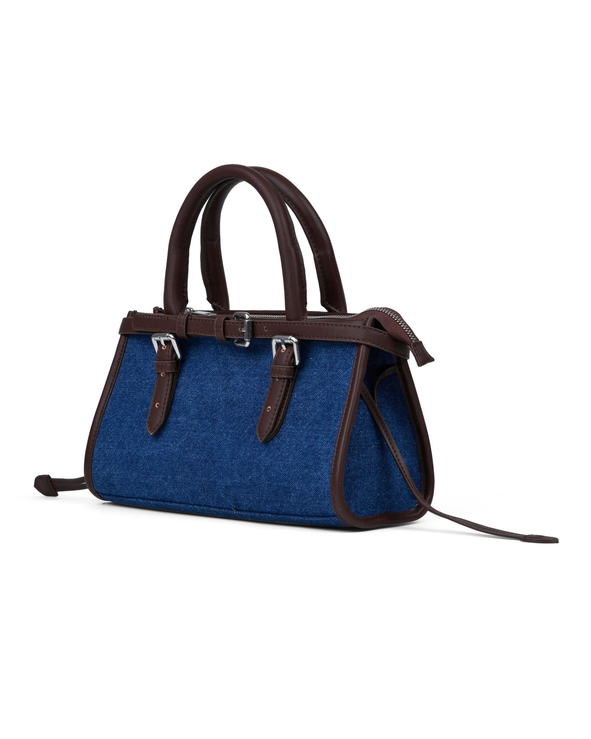 Denim Buckle Detail Top Handle Shoulder Bag in Blue