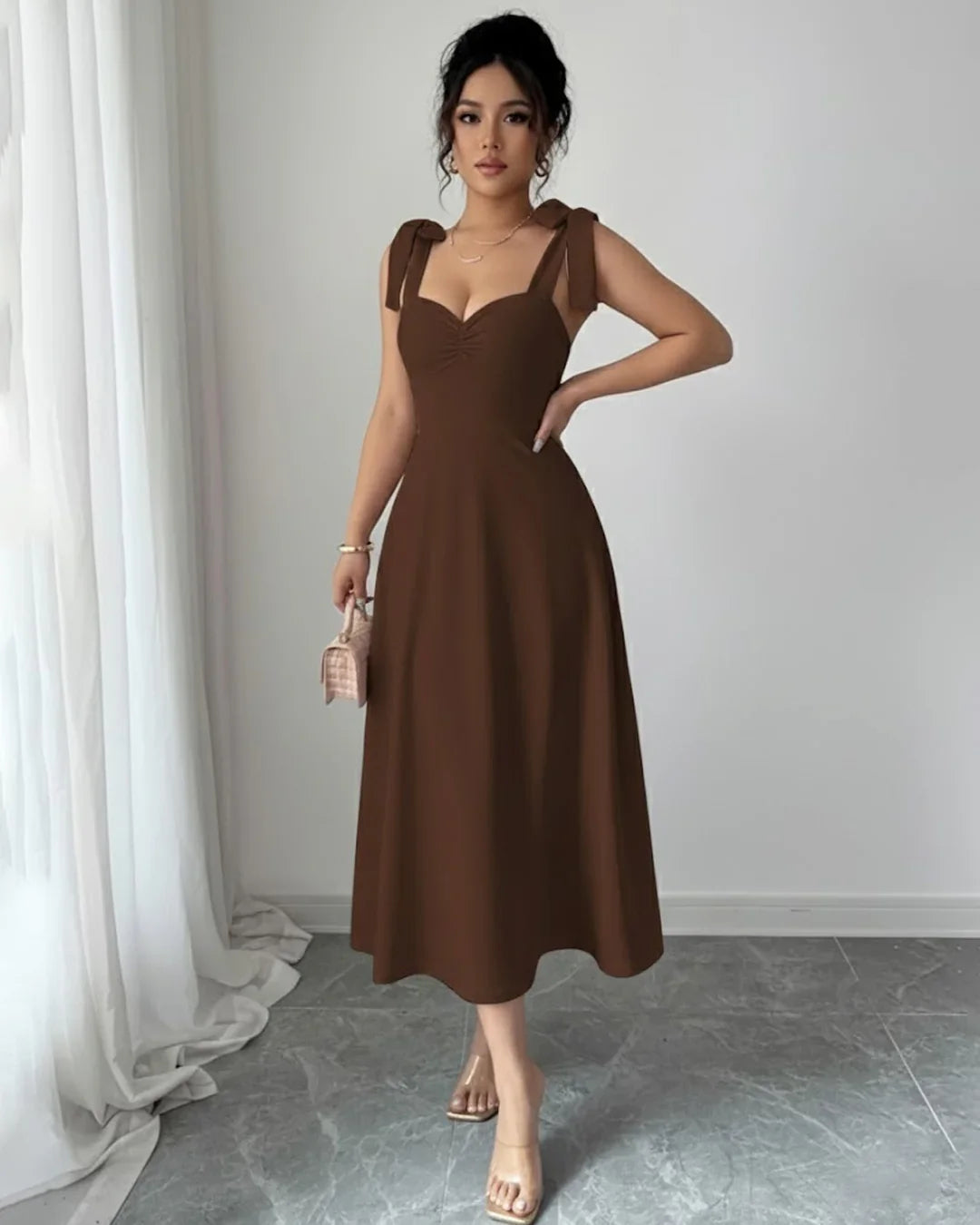 Dark Brown Sweetheart Tie-Strap Midi Dress
