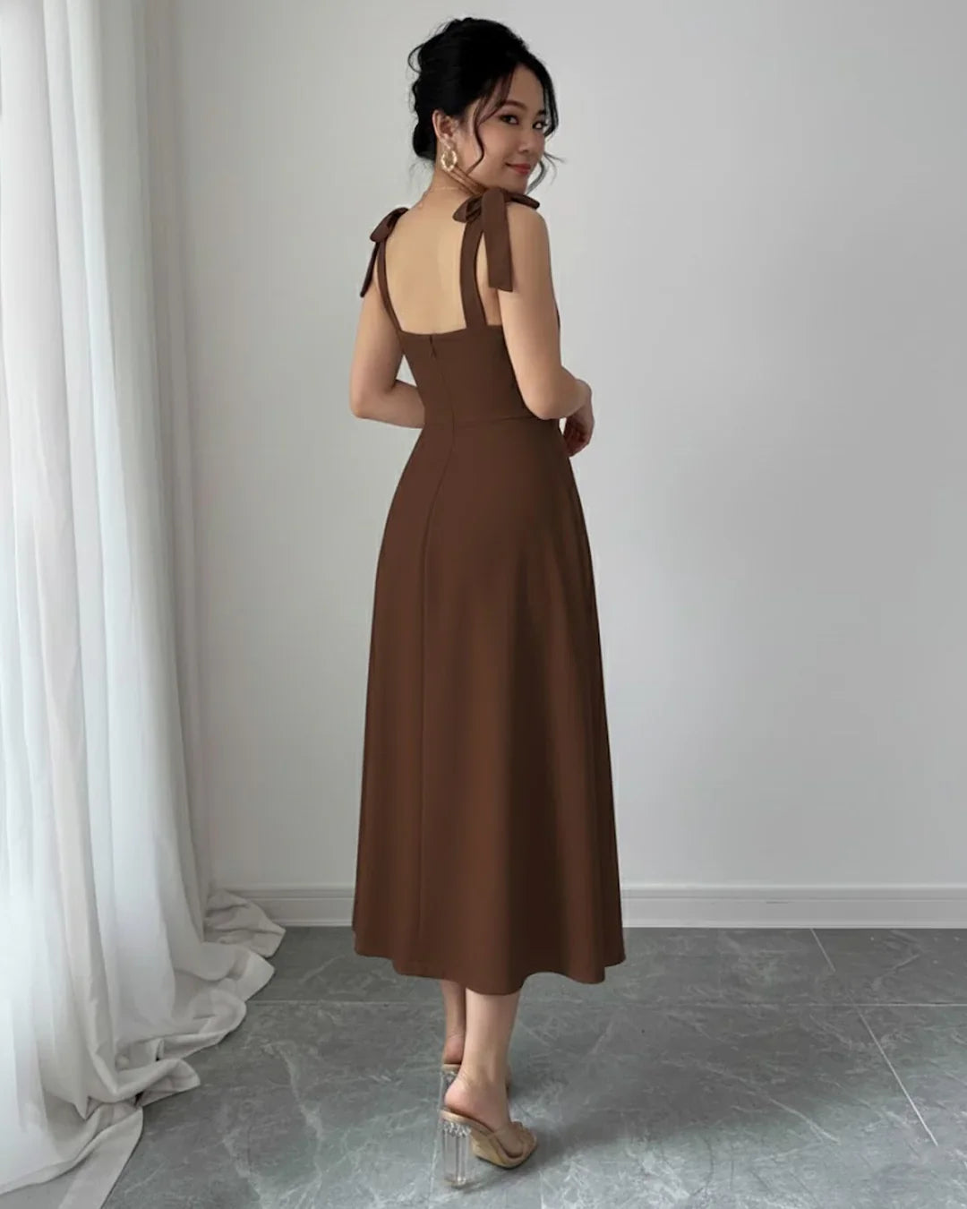 Dark Brown Sweetheart Tie-Strap Midi Dress