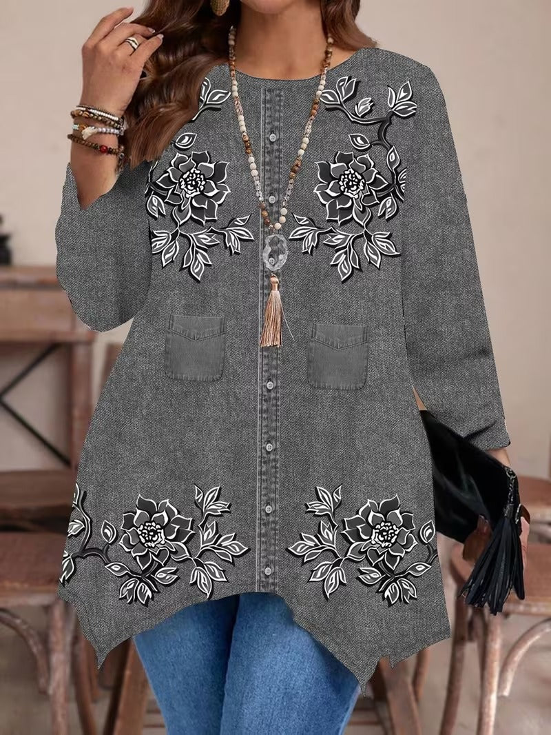 Women’s Plus Size Printed Long Sleeve Top & Stretchy Pants Set – Imitation Denim Look