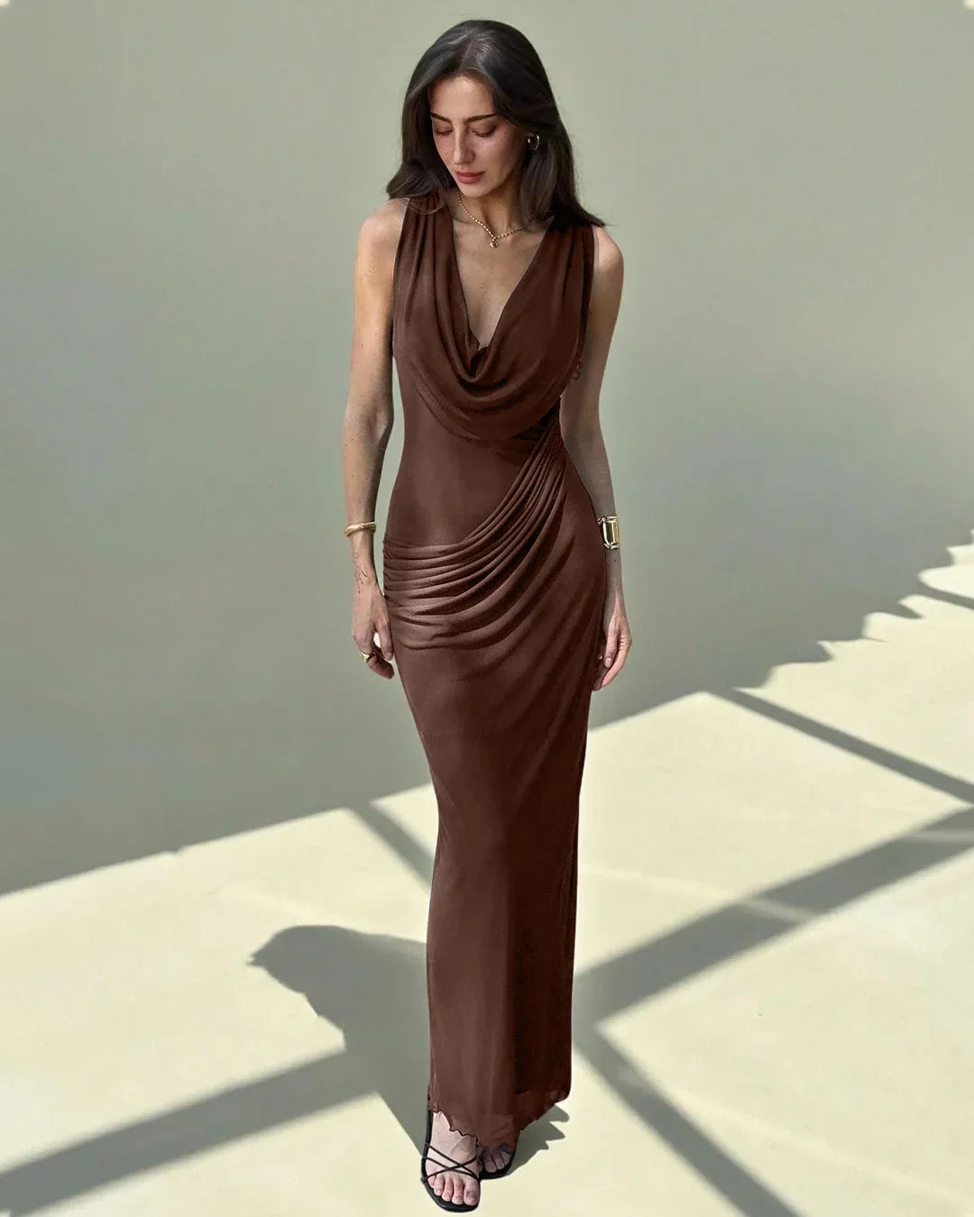 Deep V-Neck Neckline Maxi Dress in Coco
