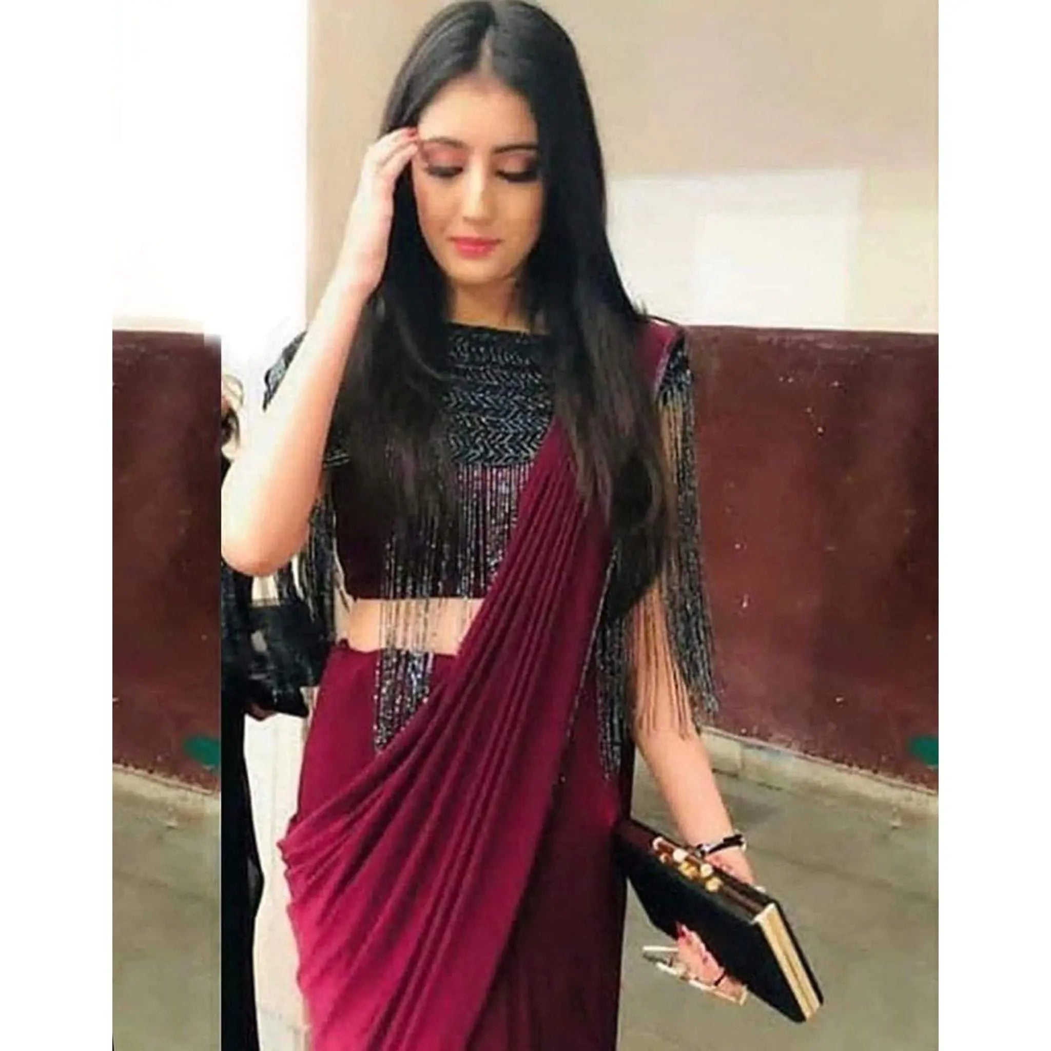 Designer Maroon Silk Readymade Saree with Handwork Blouse Material