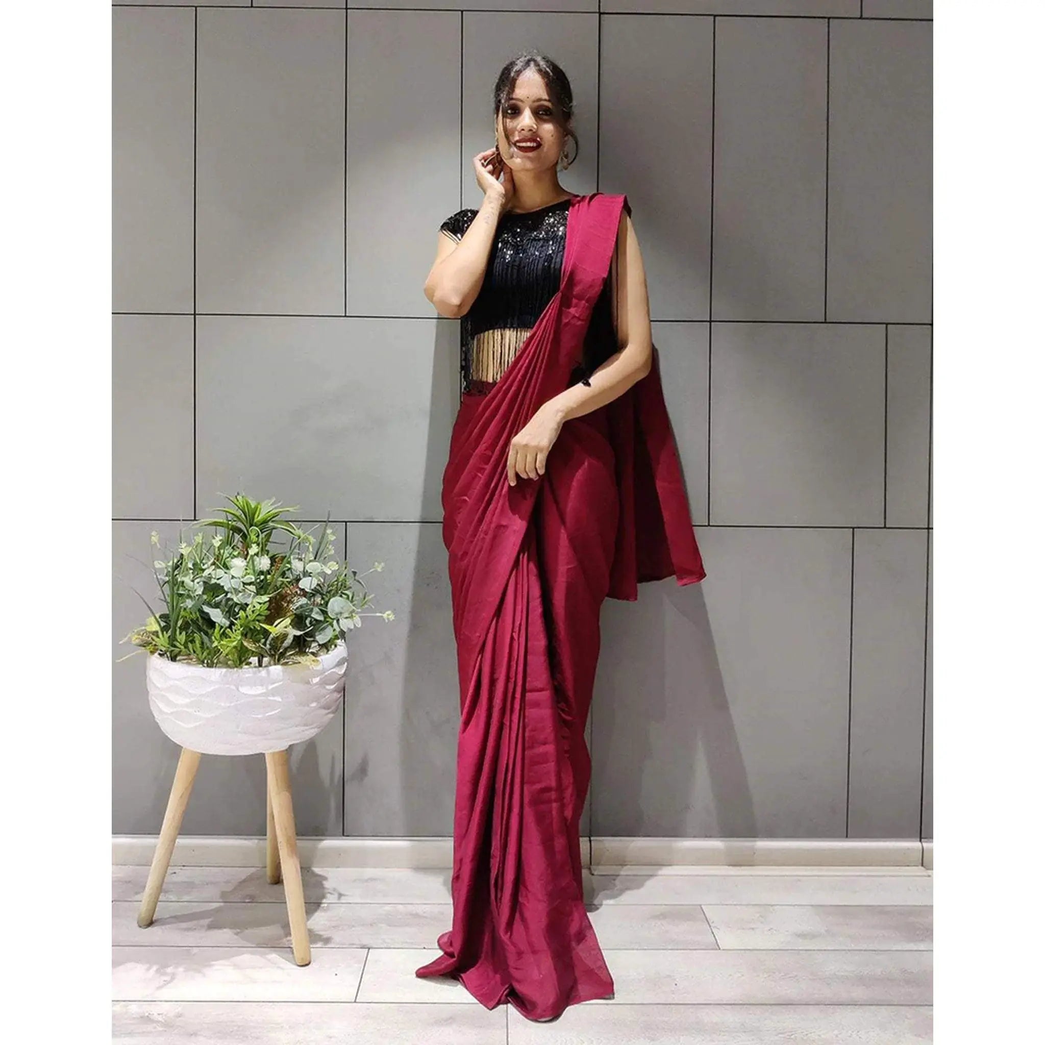 Designer Maroon Silk Readymade Saree with Handwork Blouse Material