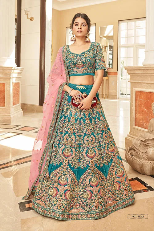 Designer Teal Velvet Lehenga with Soft Net Dupatta