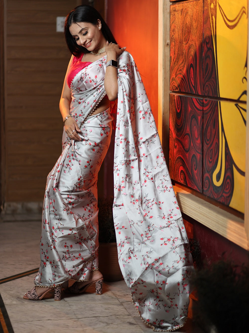 Grey Color Digital Printed Japan Satin Saree With Pearl Lace Border