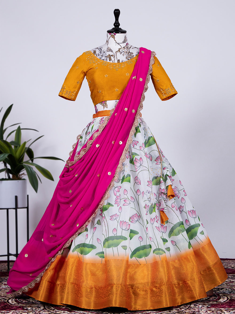 White Color Digital Printed Soft Cotton Half Saree Set Lehenga