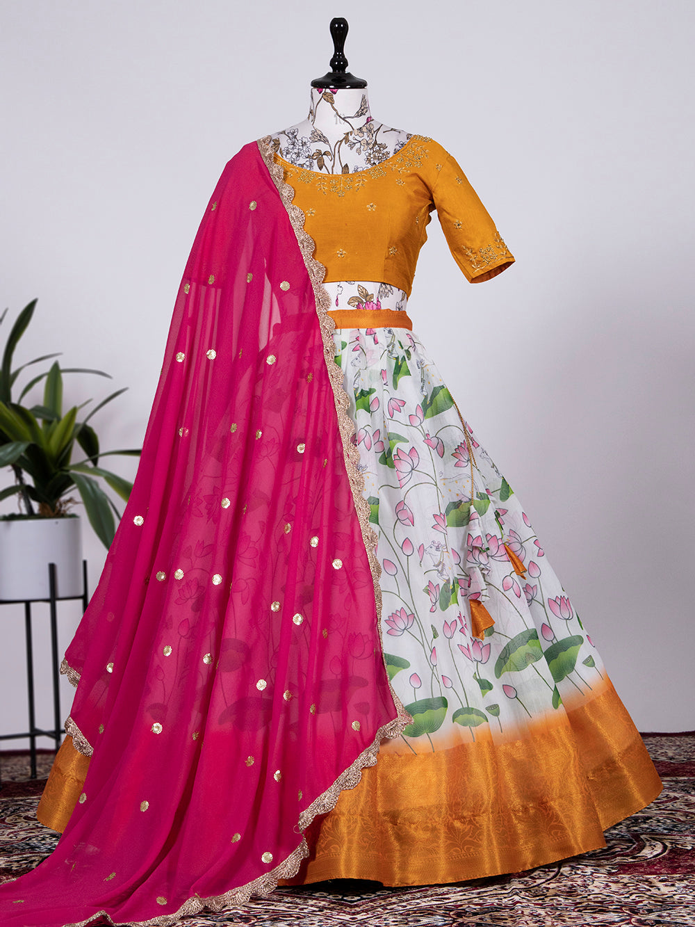 White Color Digital Printed Soft Cotton Half Saree Set Lehenga