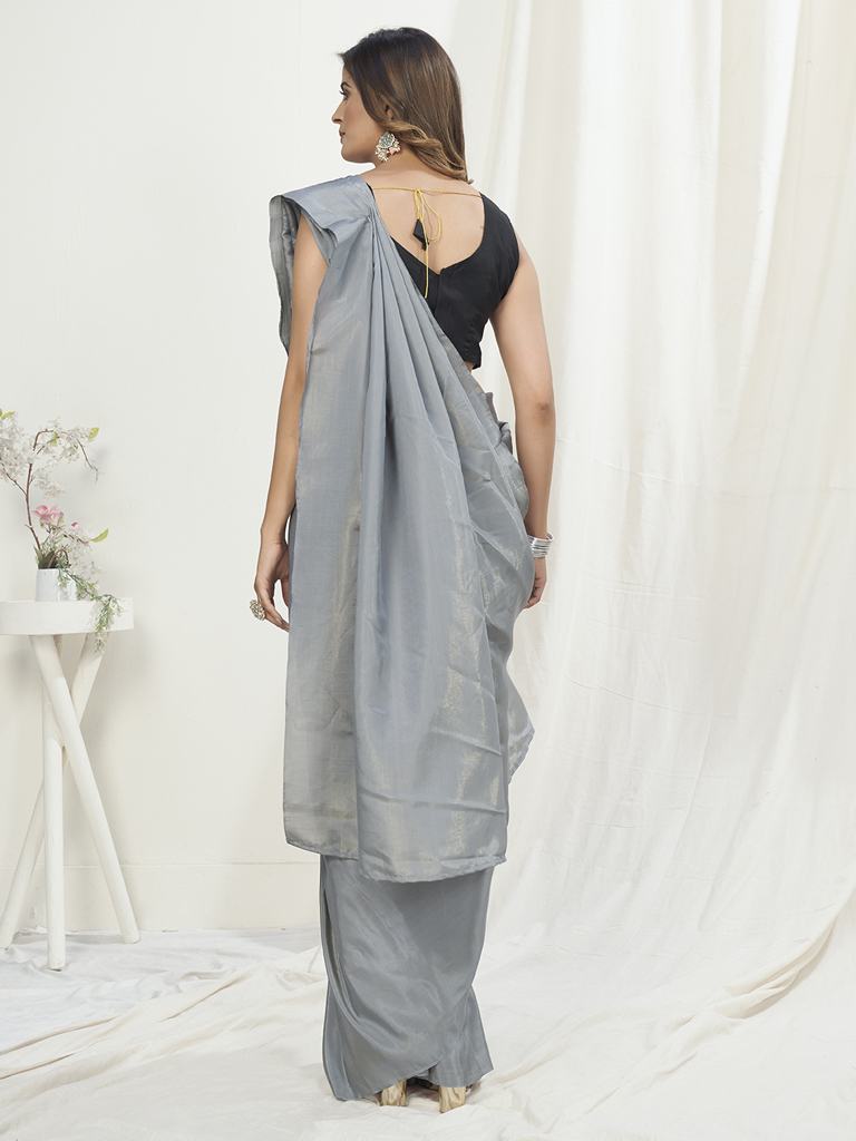 Dove Grey Ready to Wear One Minute Saree In Satin Silk
