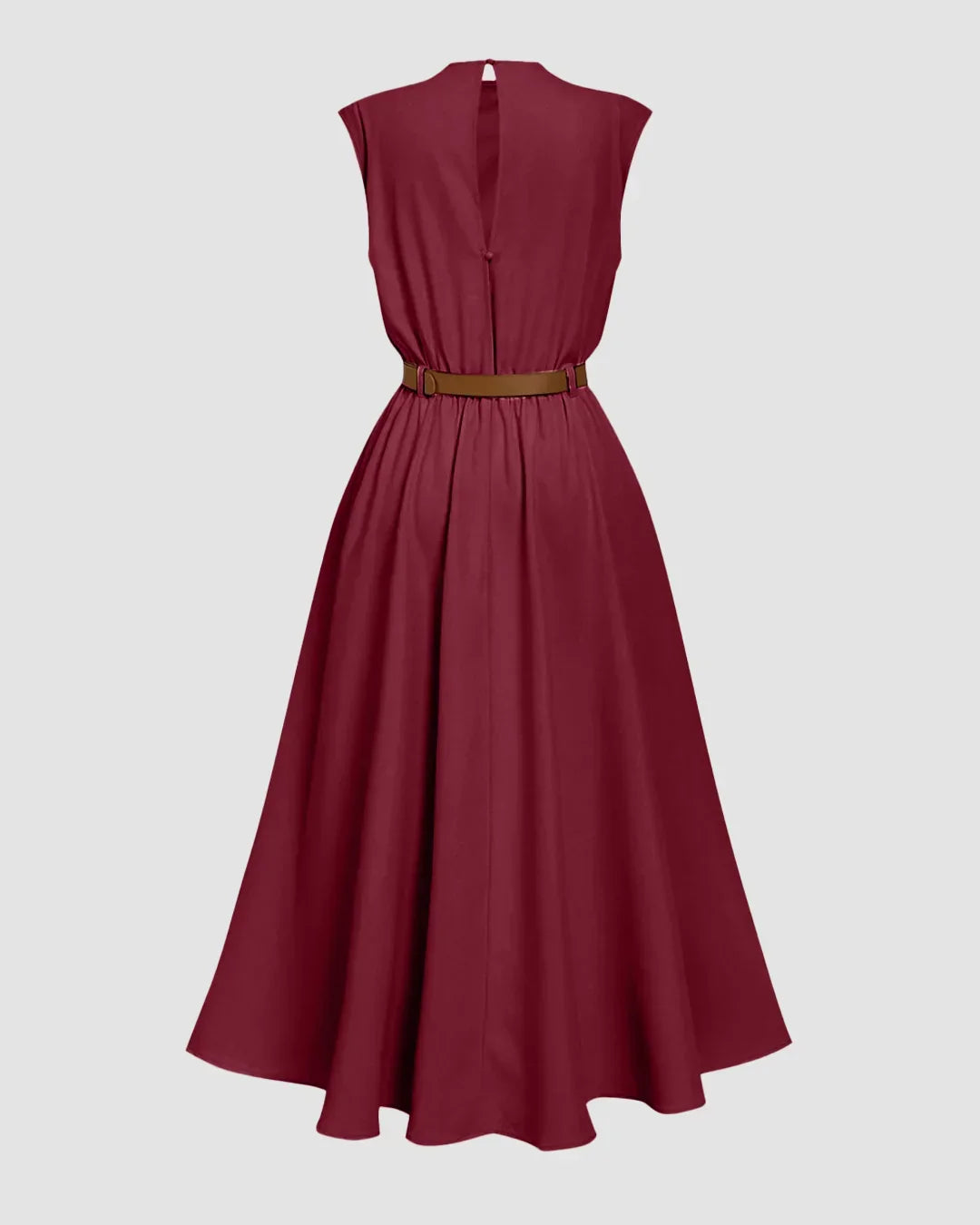 Draped Neck Belted A-Line Sleeveless Midi Dress in Burgundy