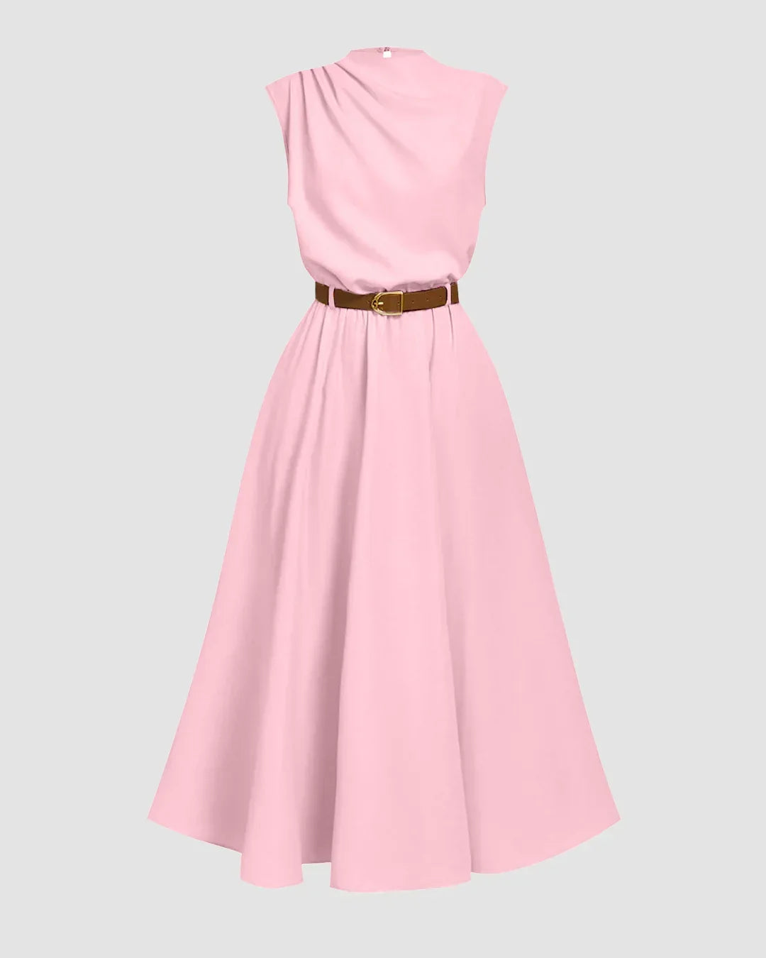 Draped Neck Belted A-Line Sleeveless Midi Dress in Rose Pink Without Belt