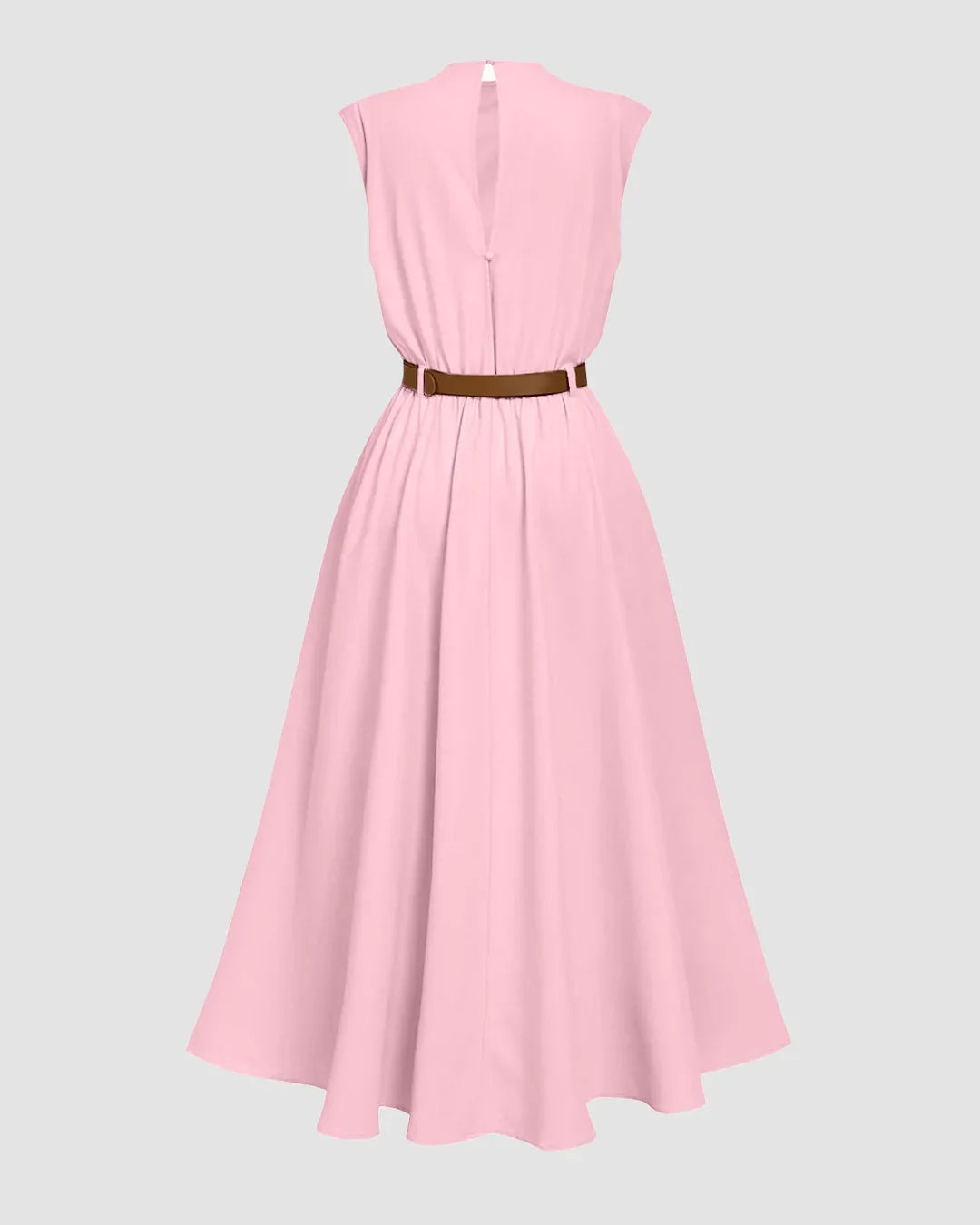 Draped Neck Belted A-Line Sleeveless Midi Dress in Rose Pink Without Belt