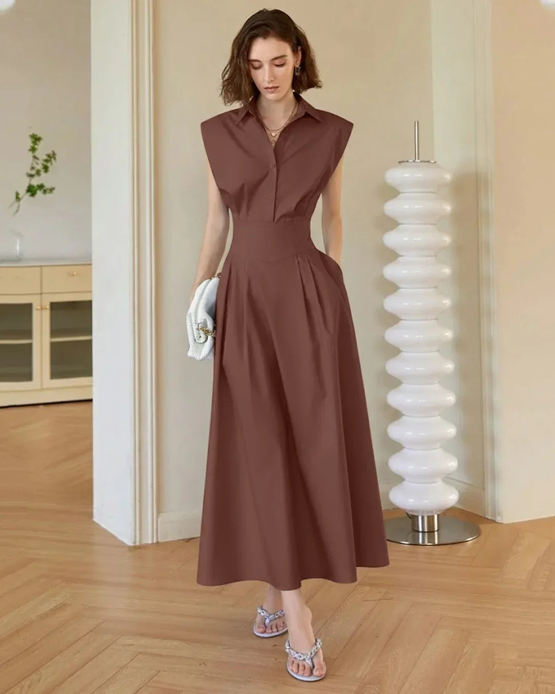 Elegant Collared Sleeveless Midi Dress in Brown