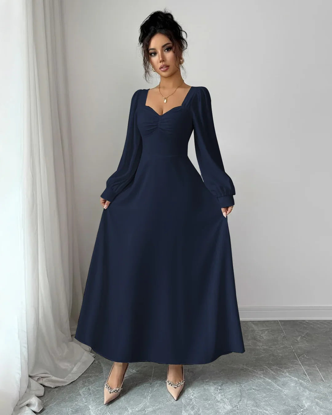 Elegant Puff Sleeve Square Neck A-Line Maxi Dress in Navy Blue