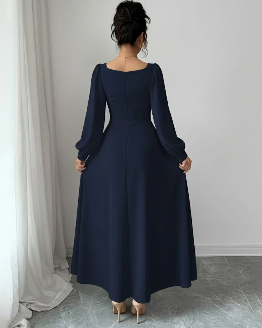 Elegant Puff Sleeve Square Neck A-Line Maxi Dress in Navy Blue