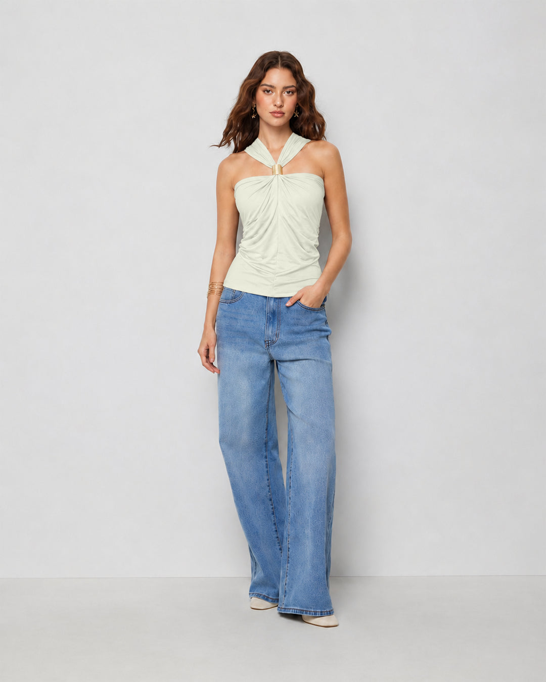 Elegant Twist Front Halter Top in Cream