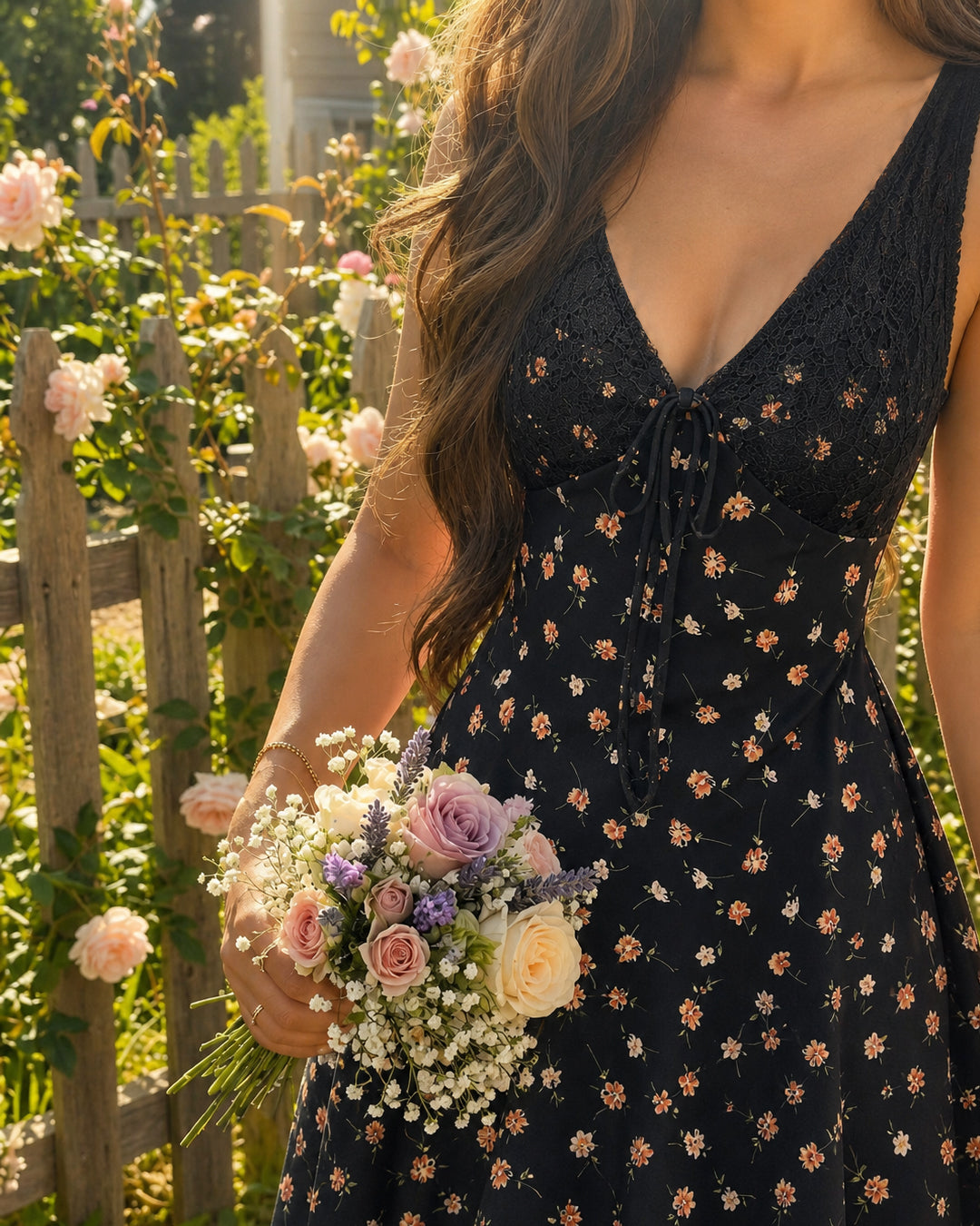 Elegant V-Neck Fit and Flare Floral Black Sleeveless Slit Dress in Classic Black