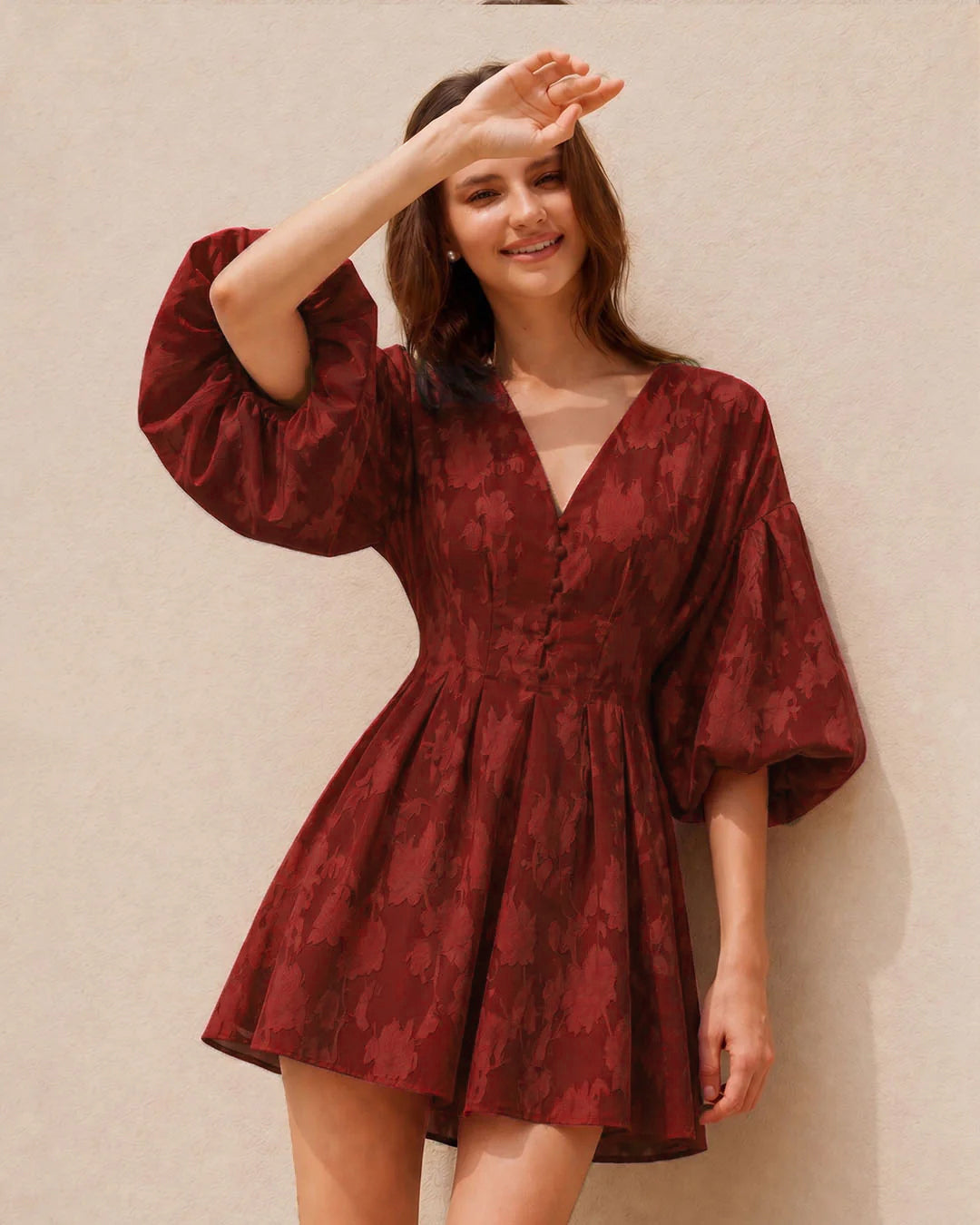 Embroidery Floral Puff Sleeve Ruffle Hem Mini Dress in Merlot