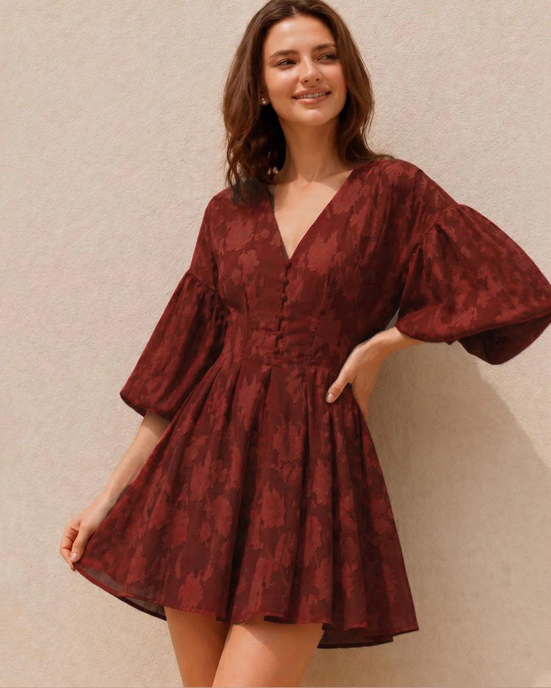 Embroidery Floral Puff Sleeve Ruffle Hem Mini Dress in Merlot