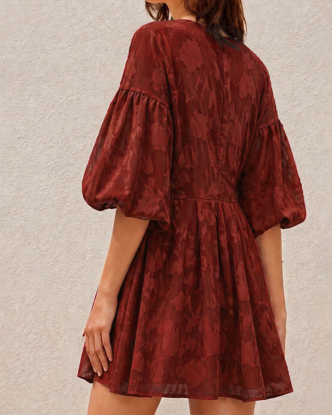 Embroidery Floral Puff Sleeve Ruffle Hem Mini Dress in Merlot