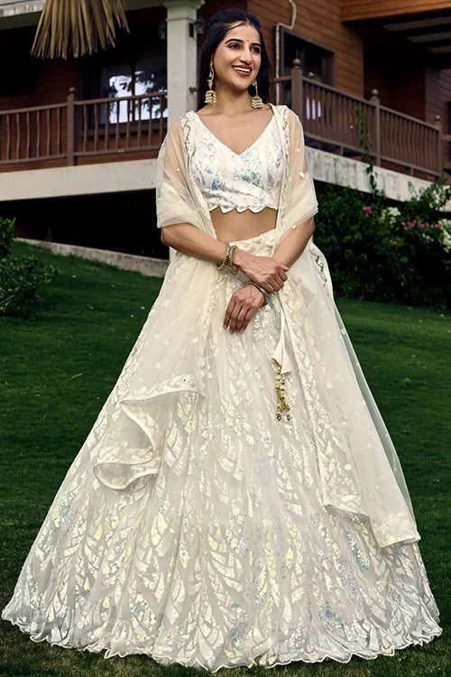 Exclusive White Thread With Multiple Sequins Embroidered Work Lehenga Choli
