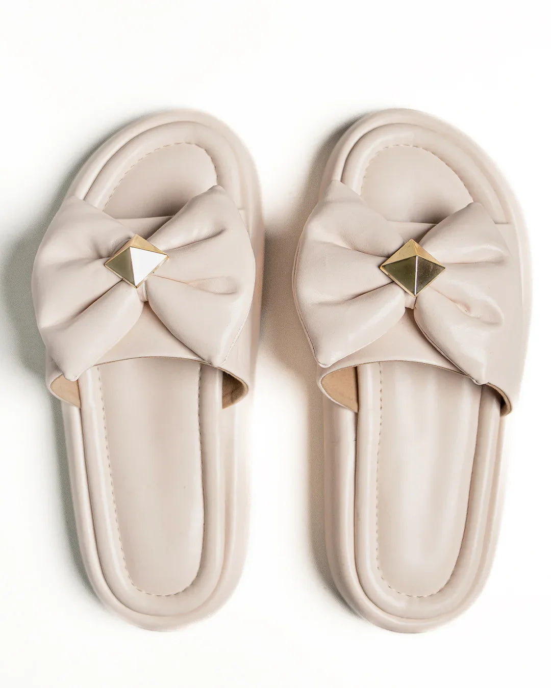 Quilted Slide Sandals With Bow And Gold Charm Detail