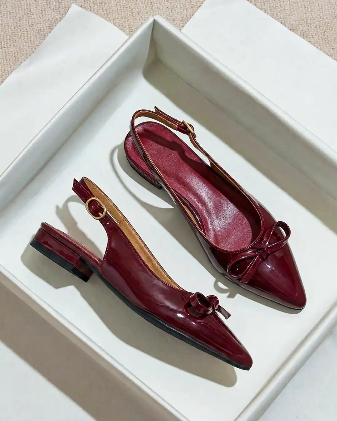 Glossy Bow Slingback Flats in Maroon