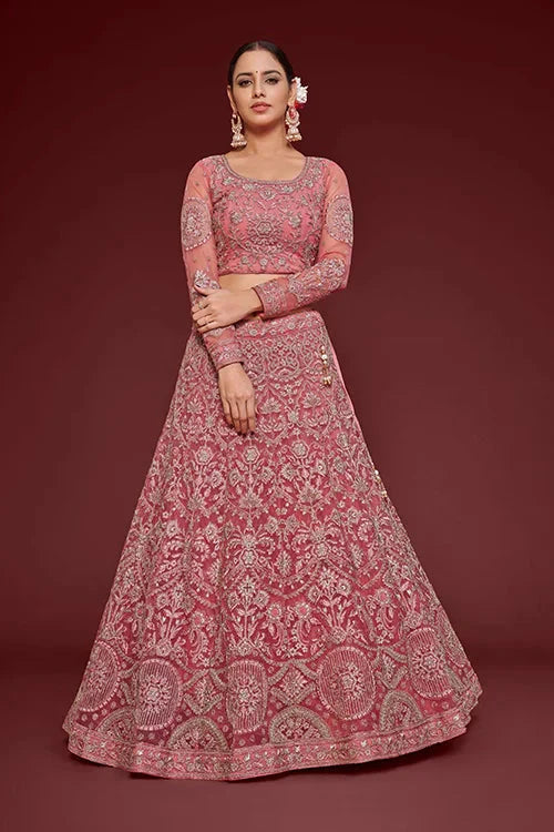 Fantasy Rose Soft Net Thread Zari Embroidery Work Lehenga Choli With Dupatta