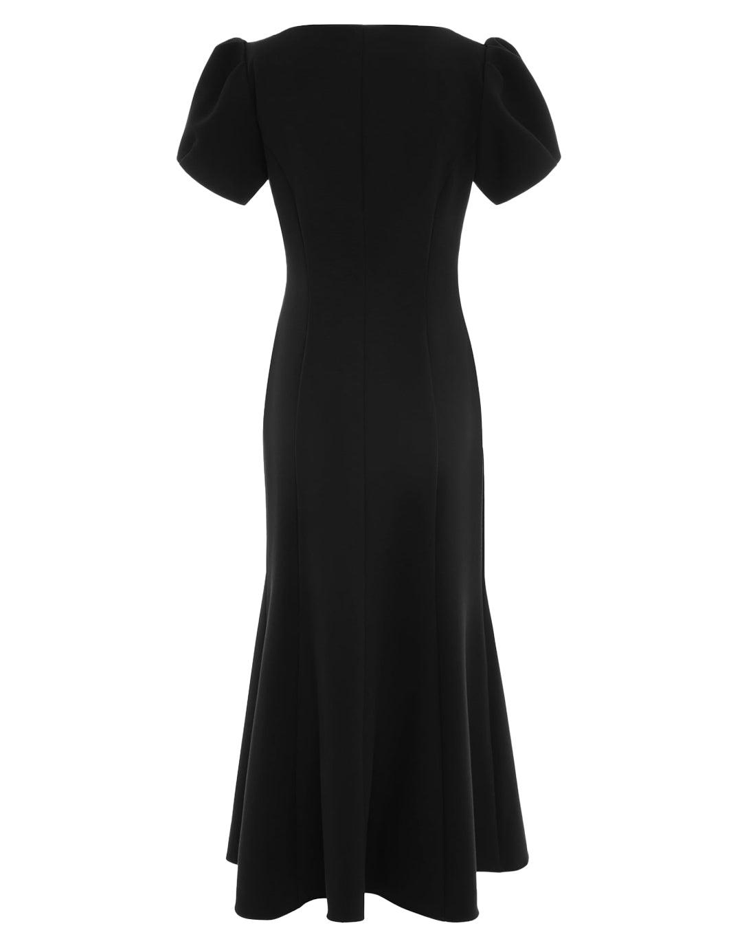 Black Midi Dress With Fitted Puff Sleeves