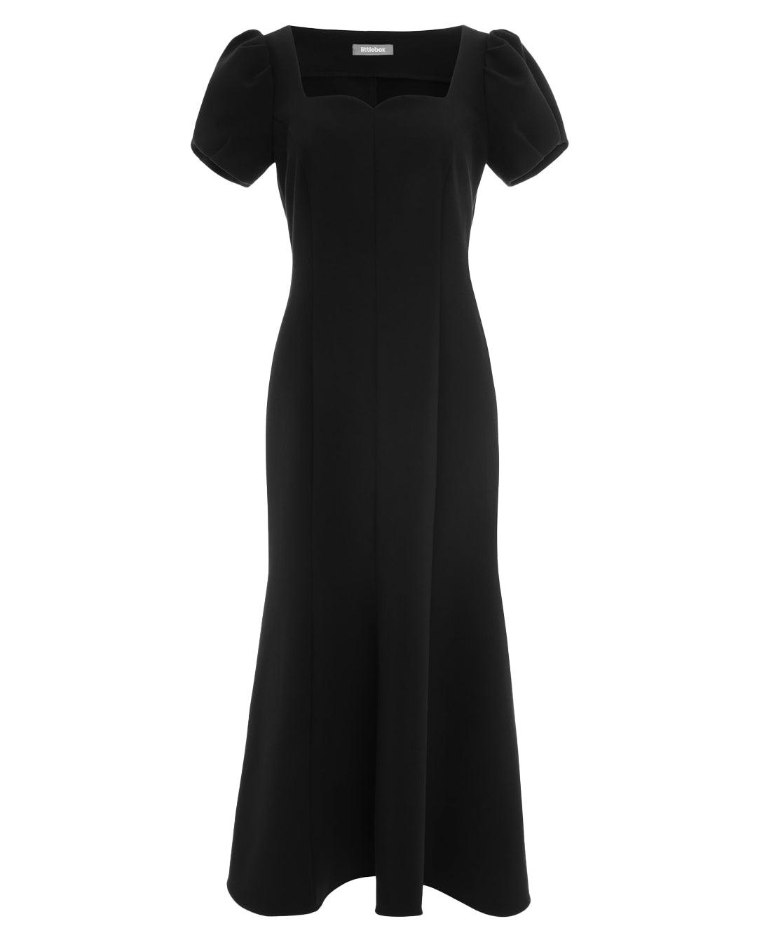 Black Midi Dress With Fitted Puff Sleeves