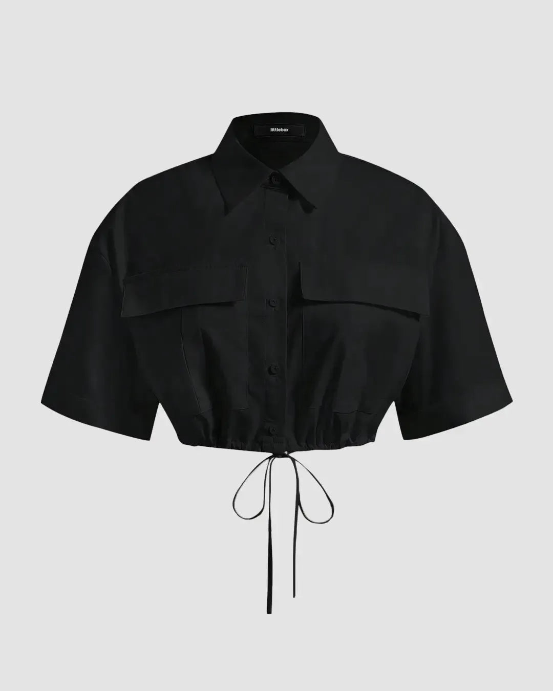 Flap Pocket Drawstring Black Crop Shirt