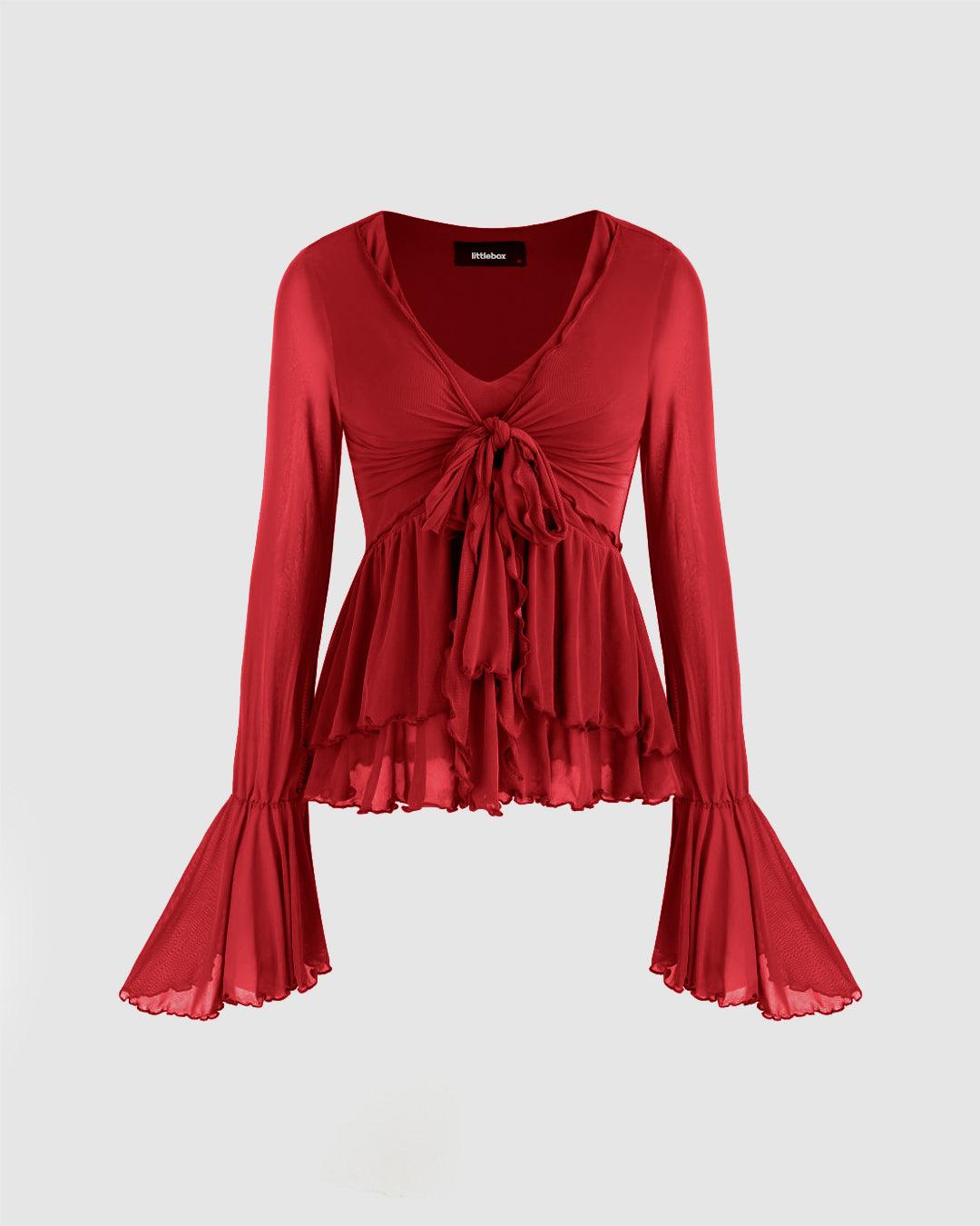 Flared Sleeve V Neck Tie-Up Ruffle Top in Red