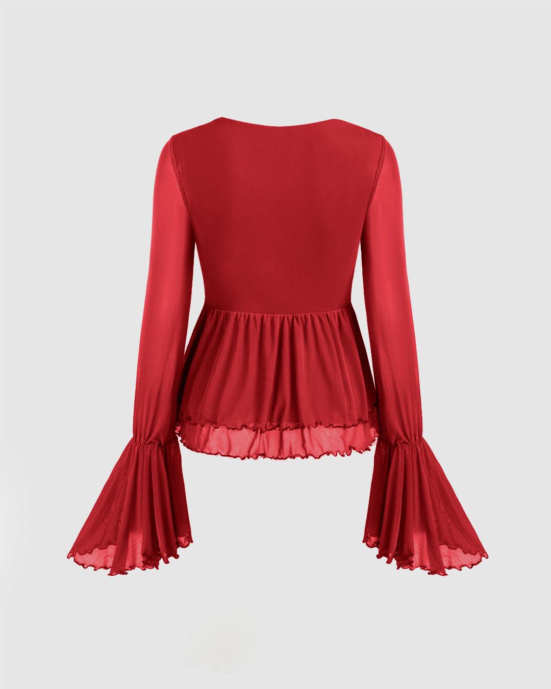 Flared Sleeve V Neck Tie-Up Ruffle Top in Red