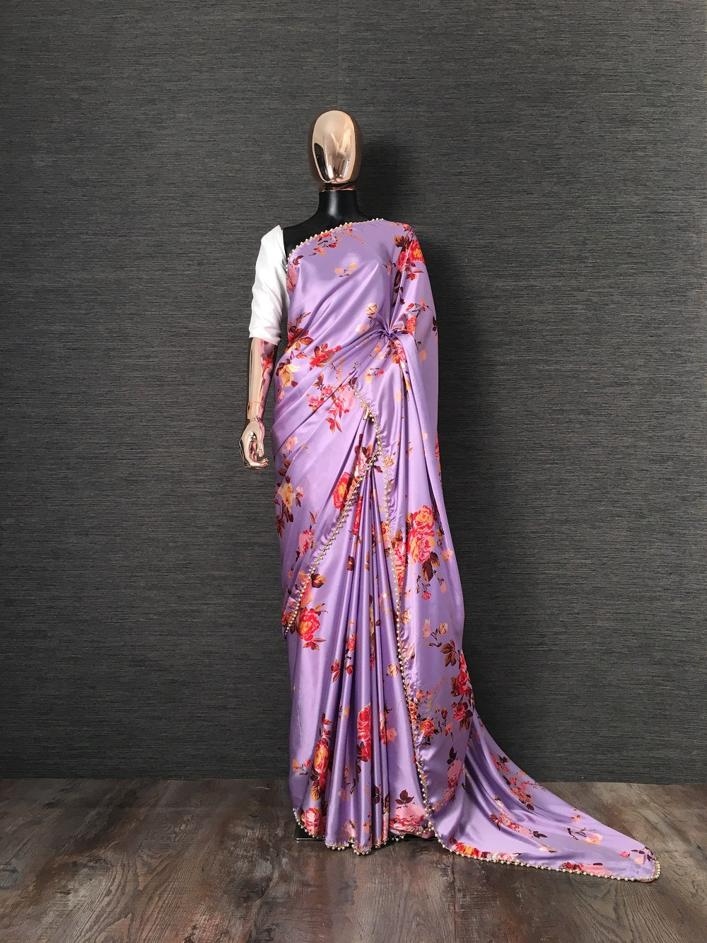 Lavender Color Floral Printed Heavy Japan Satin Saree With Pearl Lace Border