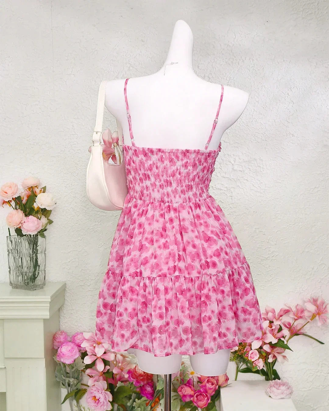 Floral Mesh Fit & Flare Dress in Pink Rose Print