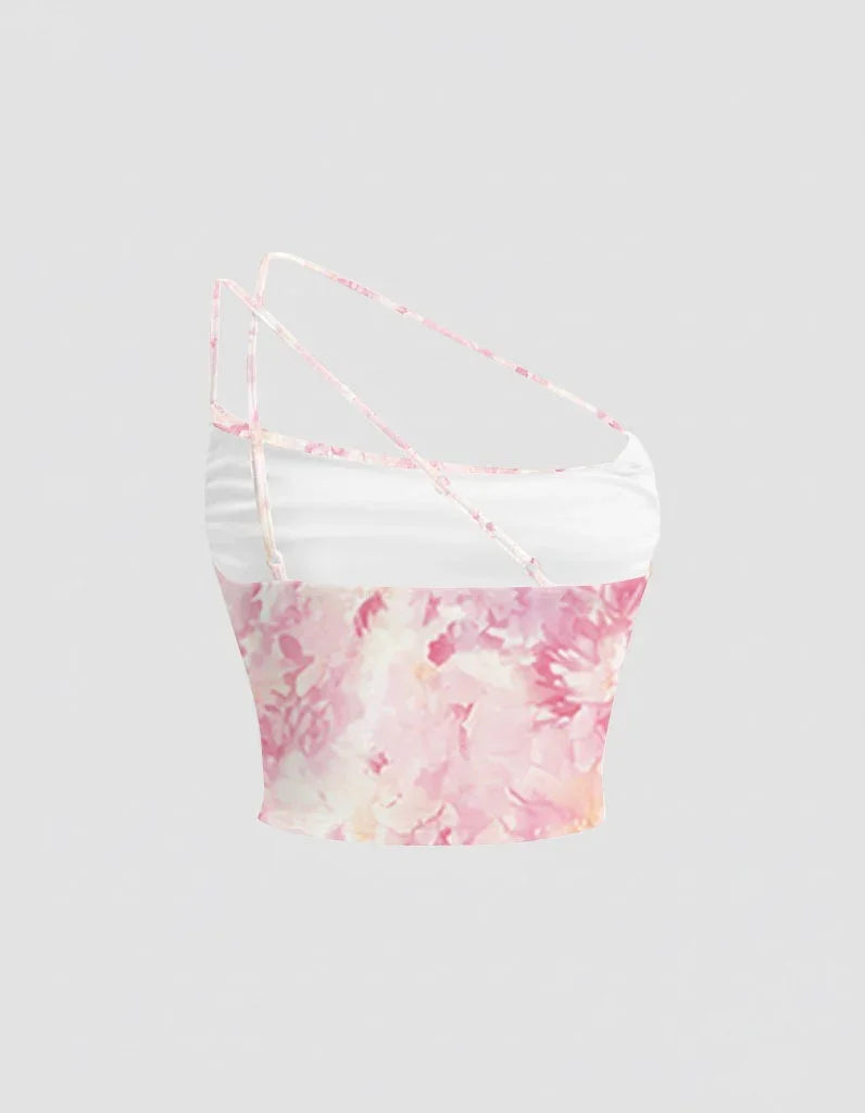 Floral Print Asymmetrical Spaghetti Strap Crop Top