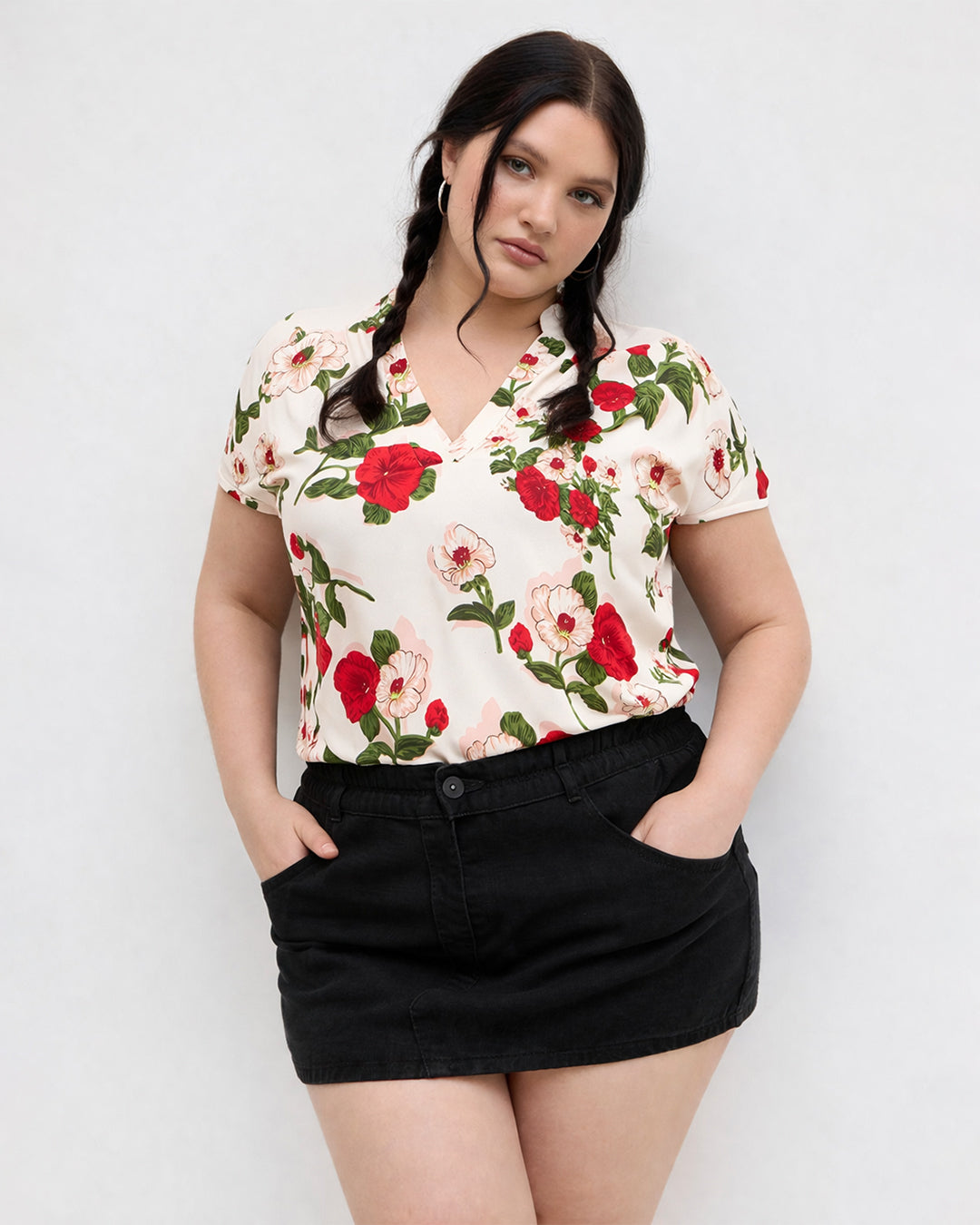 Floral Print Button Down Short Sleeve Collared Top Curve & Plus