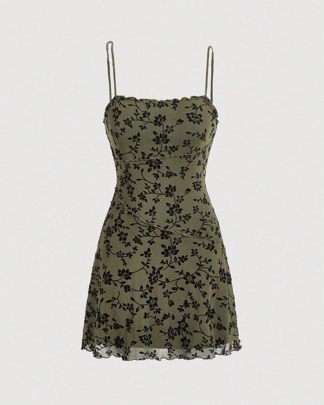 Floral Print Mesh Sleeveless Frill Trim Dress