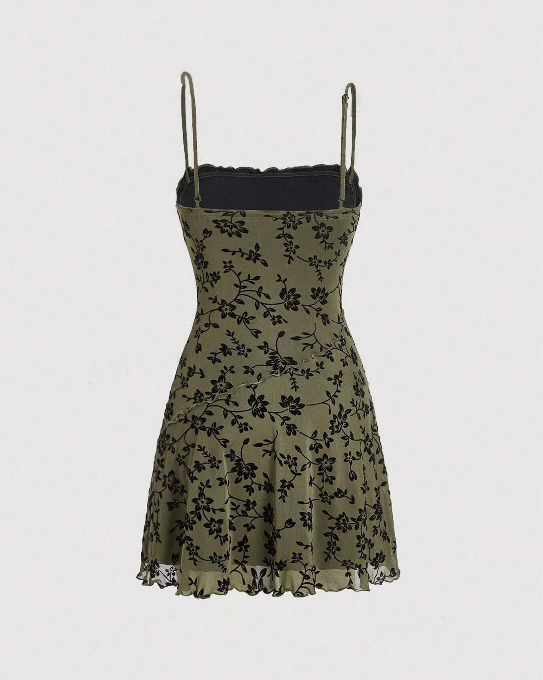 Floral Print Mesh Sleeveless Frill Trim Dress