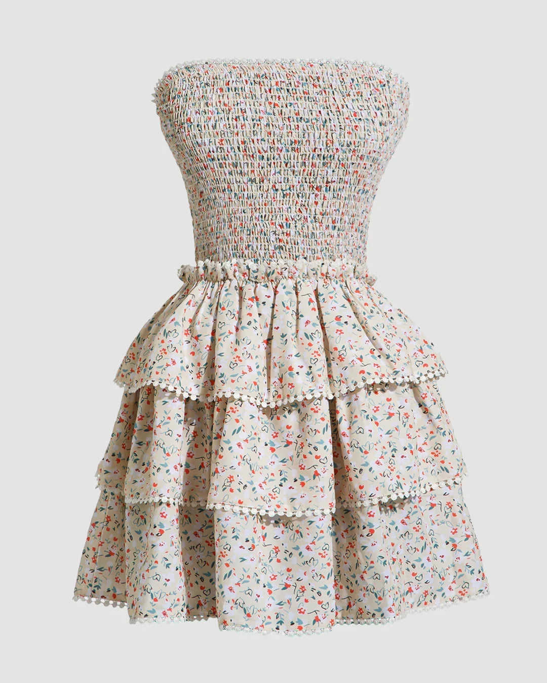 Floral Print Strapless Tiered Mini Dress