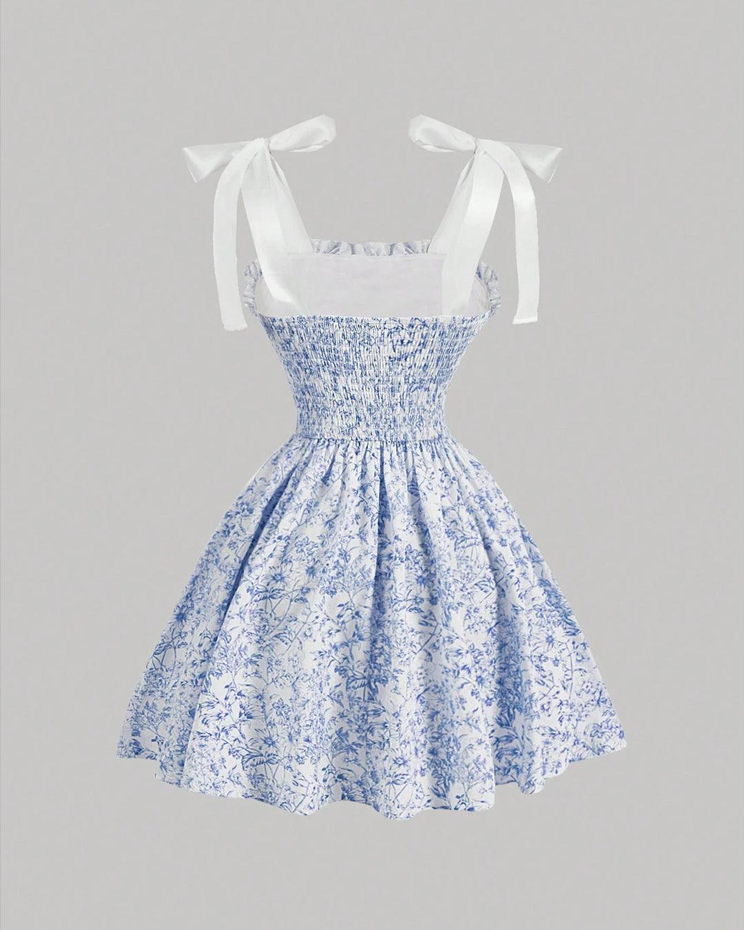 Floral Print Waist Cinched Flare Vintage Mini Dress