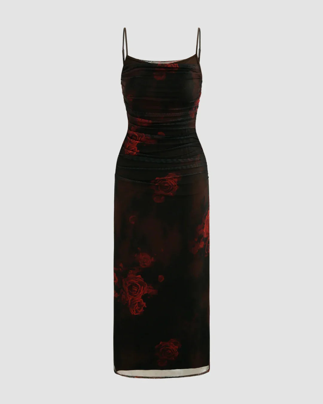 Floral Ruched Mesh Maxi Dress