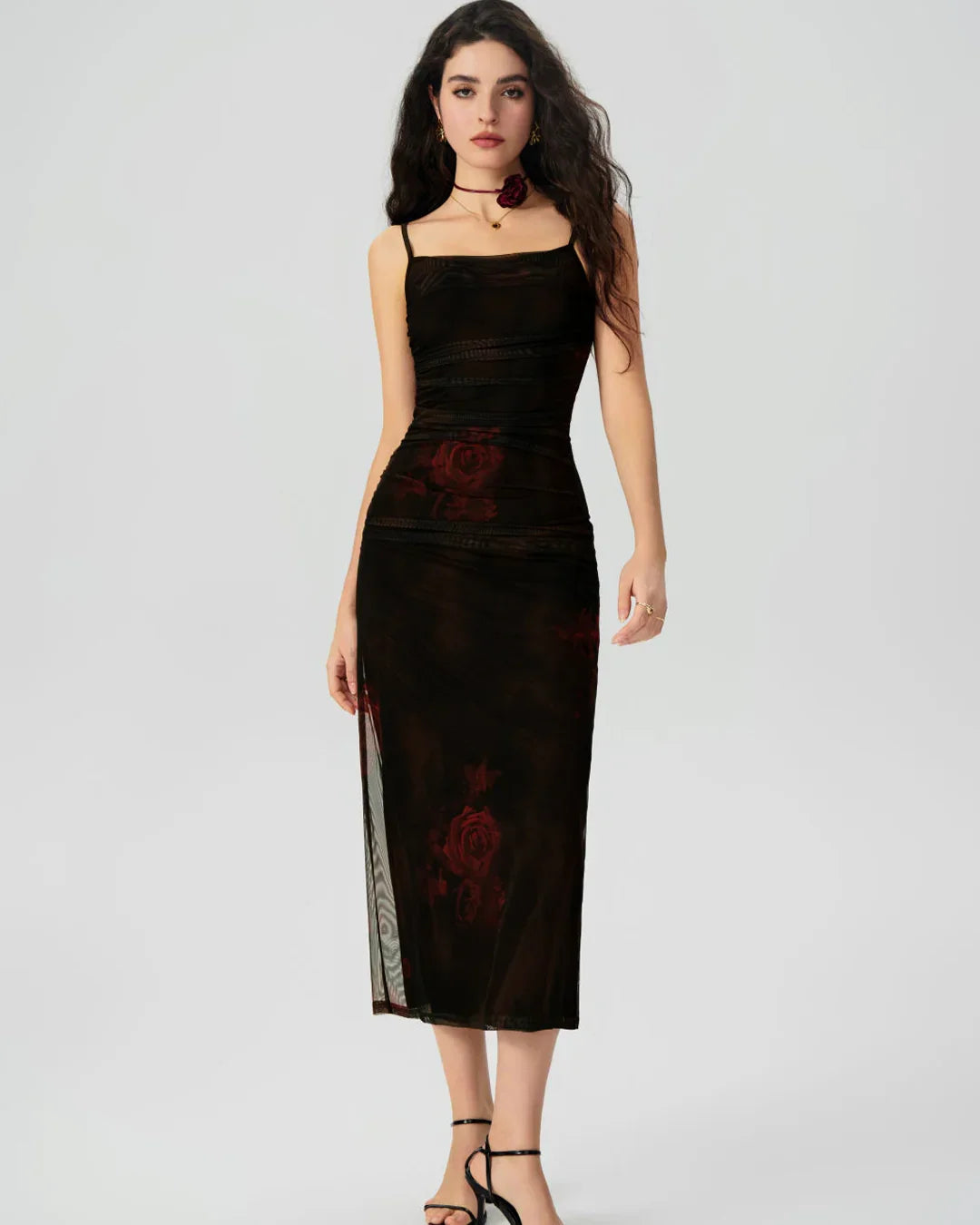 Floral Ruched Mesh Maxi Dress